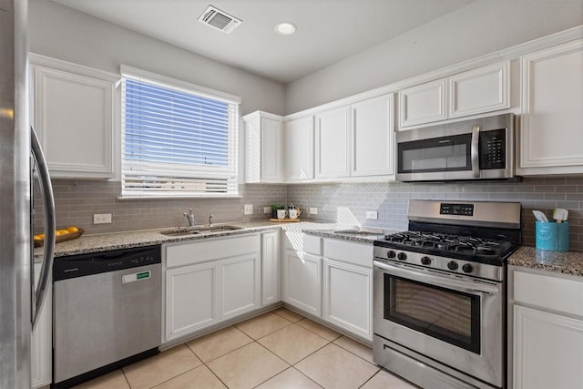 kitchen featuring a sink, visible vents, white cabinets, appliances with stainless steel finishes, and decorative backsplash