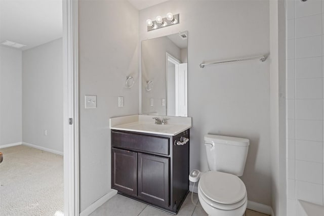 bathroom featuring toilet, visible vents, baseboards, and vanity