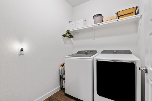 4709 Oxgang Dr, Pflugerville, TX 78660 - washroom featuring washer and dryer, dark wood-style floors, laundry area, and baseboards