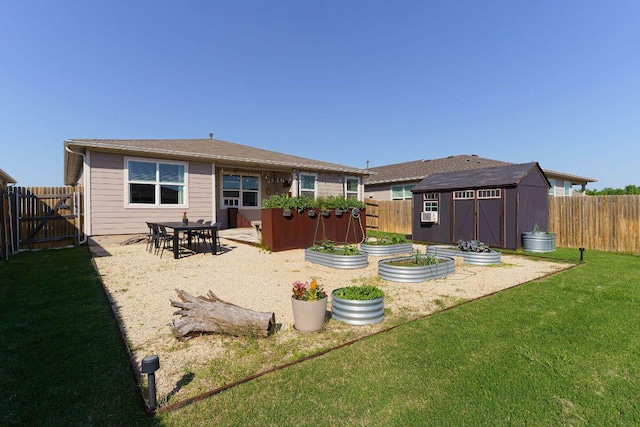 4709 Oxgang Dr, Pflugerville, TX 78660 - back of property featuring a garden, a shed, a yard, a fenced backyard, and an outdoor structure