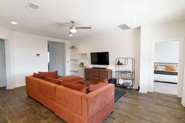 4709 Oxgang Dr, Pflugerville, TX 78660 - living area with dark wood-style flooring, visible vents, ceiling fan, and recessed lighting
