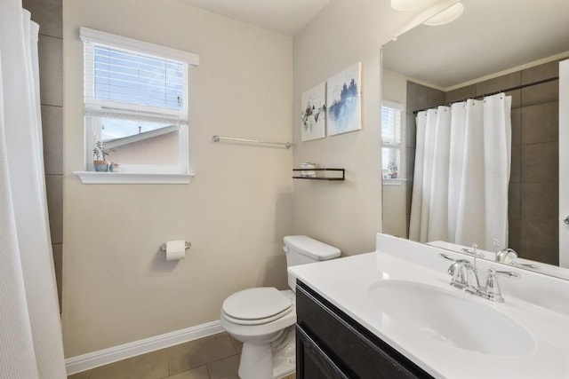 full bathroom with curtained shower, toilet, vanity, tile patterned flooring, and baseboards