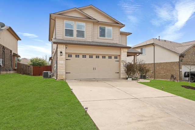 view of front of property with stone siding, central AC, and a front lawn