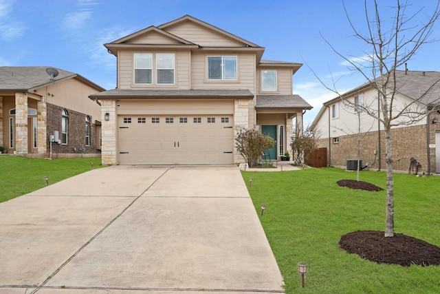 view of front facade with driveway, stone siding, an attached garage, central air condition unit, and a front lawn