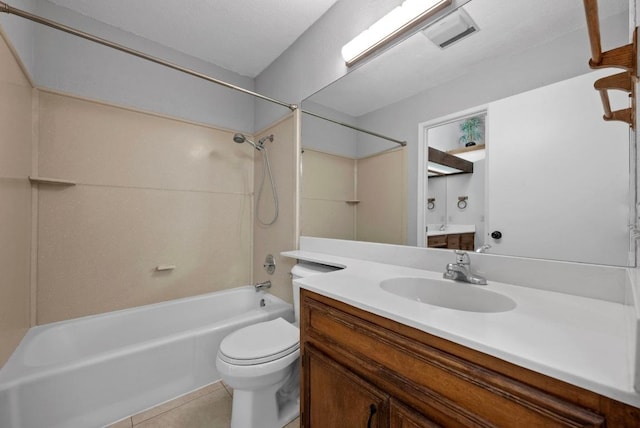 bathroom featuring visible vents, bathing tub / shower combination, toilet, tile patterned flooring, and vanity