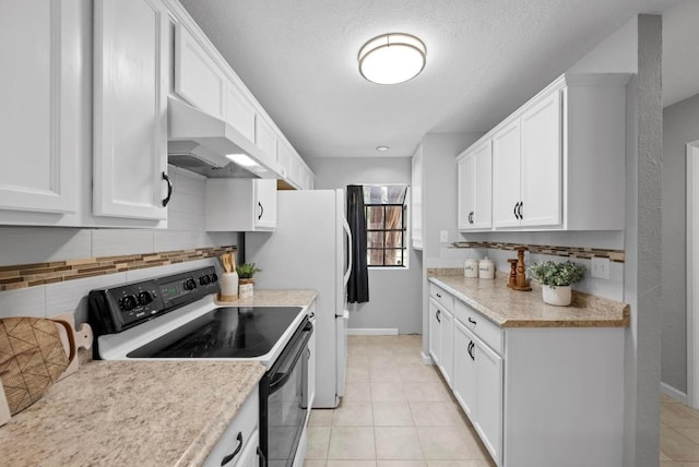 kitchen featuring light countertops, extractor fan, range with electric stovetop, and white cabinetry