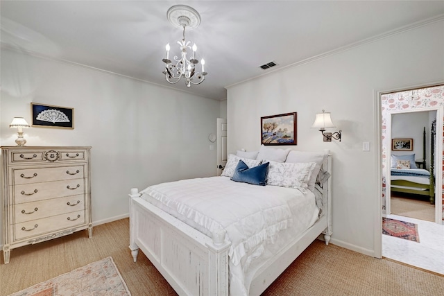 bedroom featuring baseboards, ornamental molding, visible vents, and a notable chandelier