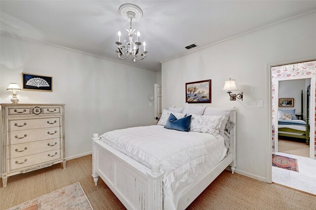 bedroom with baseboards, visible vents, ornamental molding, and a notable chandelier