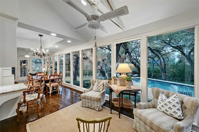 2405 Westlake Pass, Austin, TX 78746 - sunroom / solarium featuring wood finished floors, a chandelier, lofted ceiling, and recessed lighting