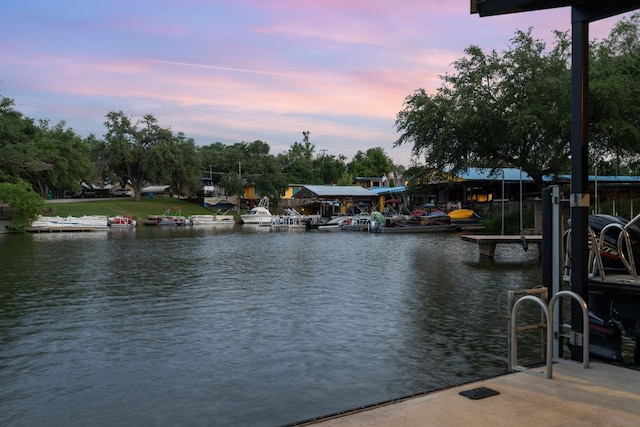 property view of water with a dock