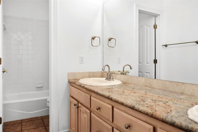 bathroom with tile patterned floors, toilet, vanity, and shower / bathtub combination