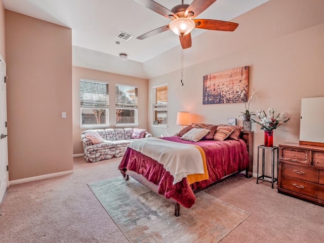 bedroom with light carpet, baseboards, visible vents, and a ceiling fan