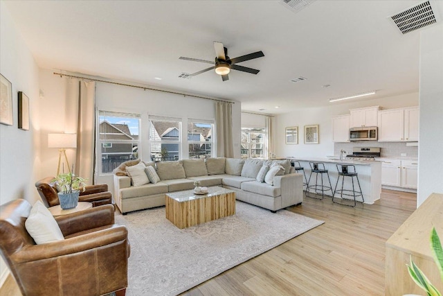 living room with light wood-type flooring, ceiling fan, and visible vents