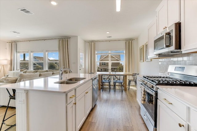 kitchen with stainless steel appliances, visible vents, backsplash, light wood-style flooring, and a sink