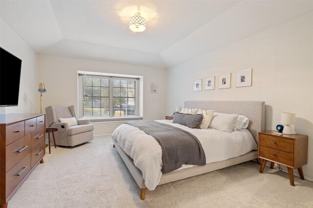 bedroom with light carpet, a raised ceiling, and baseboards