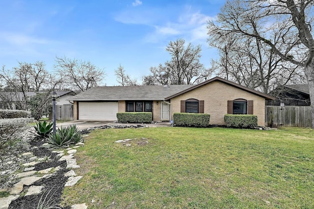 view of front of home featuring a garage, fence, concrete driveway, and brick siding