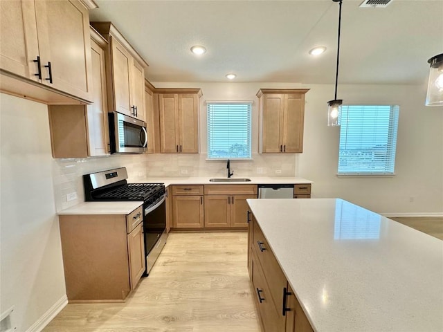 255 Glocken Ln, Kyle, TX 78640 - kitchen with stainless steel appliances, a sink, backsplash, light wood-style floors, and light countertops