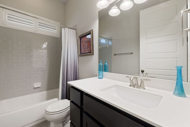 bathroom featuring vanity, toilet, and shower / bathtub combination with curtain