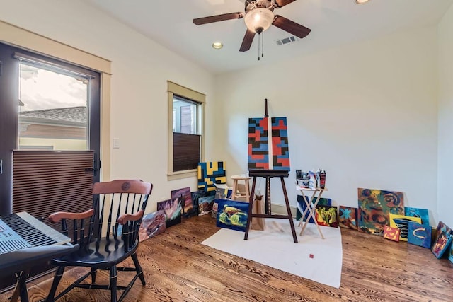 game room featuring recessed lighting, visible vents, ceiling fan, and wood finished floors