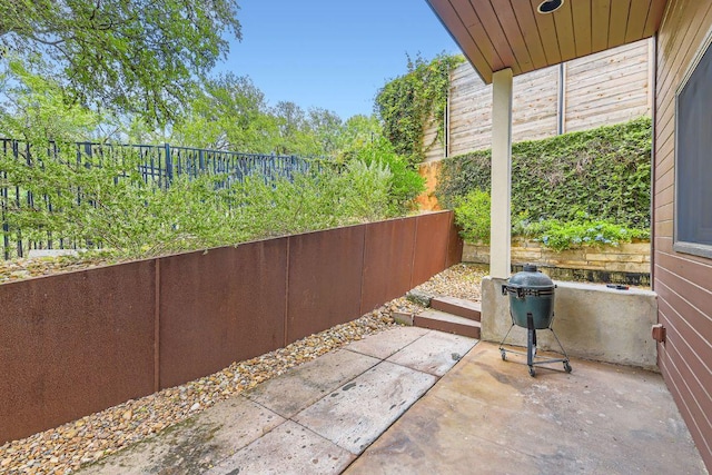 view of patio / terrace featuring a fenced backyard and area for grilling