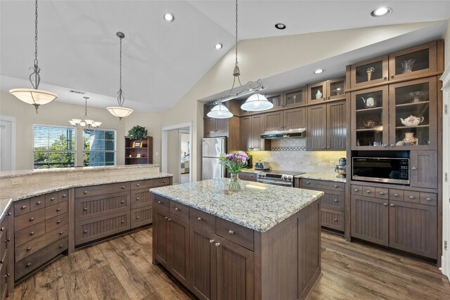 kitchen featuring appliances with stainless steel finishes, dark wood-type flooring, a kitchen island, and under cabinet range hood