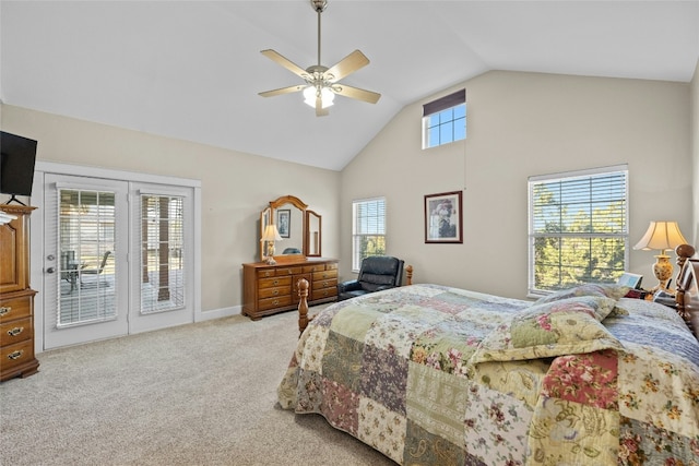 bedroom featuring access to exterior, carpet flooring, high vaulted ceiling, and a ceiling fan