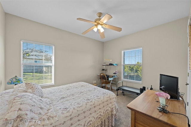 bedroom with a ceiling fan and carpet flooring