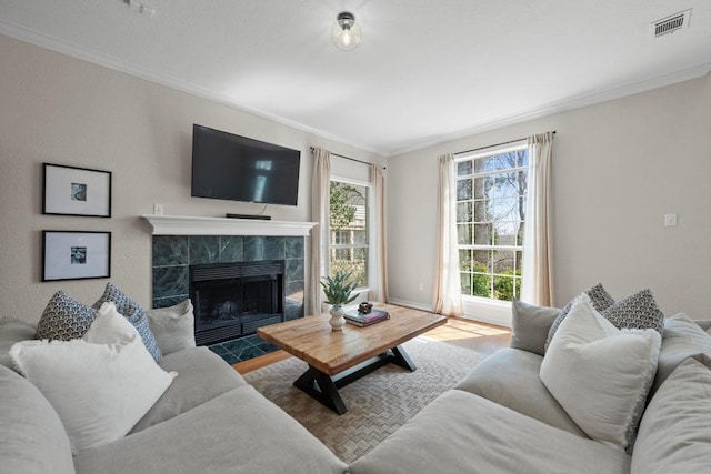 living area featuring a fireplace, visible vents, and ornamental molding