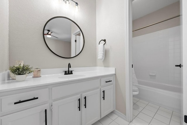 bathroom with tile patterned floors, toilet, vanity, and shower / tub combination