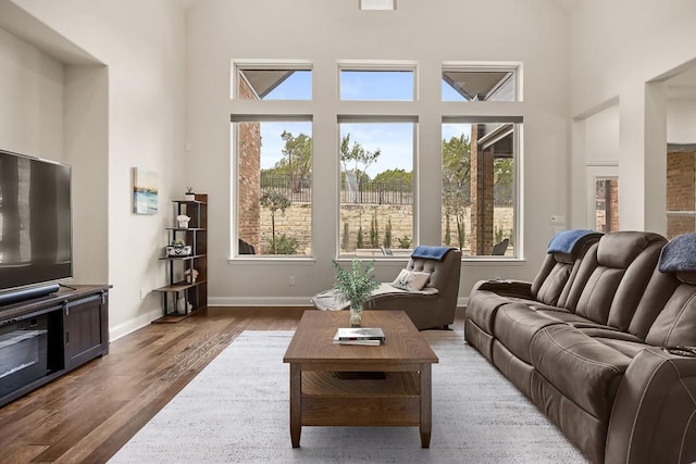 living area featuring a high ceiling, wood finished floors, and baseboards