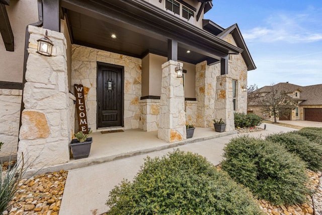 entrance to property with stone siding