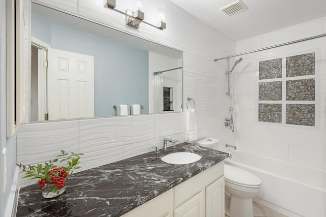 bathroom with shower / bath combo, visible vents, toilet, vanity, and backsplash