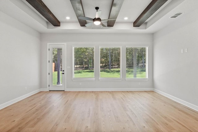 interior space featuring beam ceiling, visible vents, light wood finished floors, and baseboards