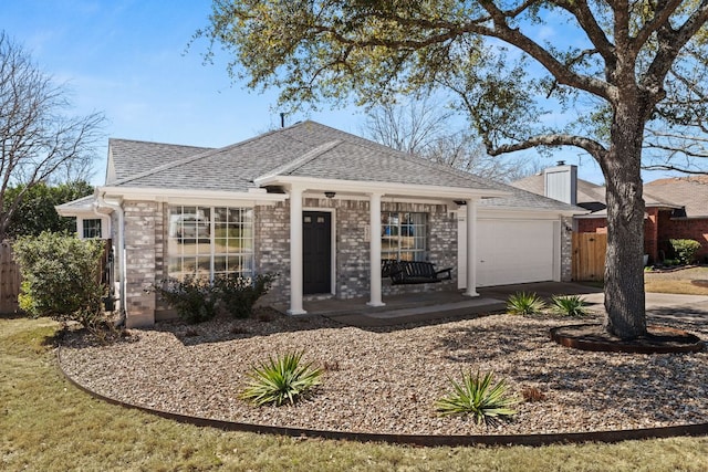 ranch-style home with driveway, a garage, roof with shingles, fence, and a porch