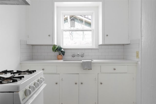 kitchen with a sink, white cabinetry, and decorative backsplash