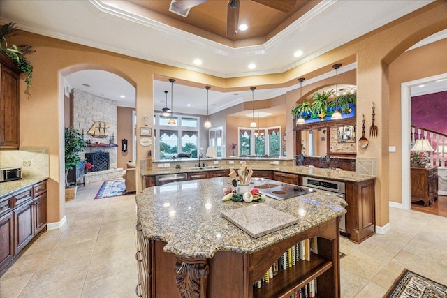 kitchen with light stone counters, a raised ceiling, a sink, and ceiling fan