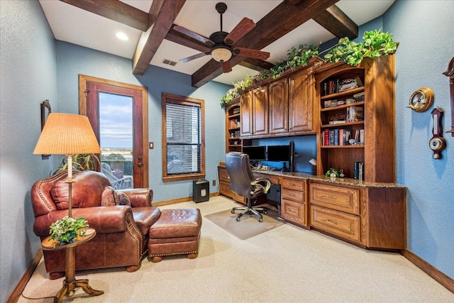 242 Saga St, Spring Branch, TX 78070 - office with built in desk, coffered ceiling, beam ceiling, a ceiling fan, and light colored carpet
