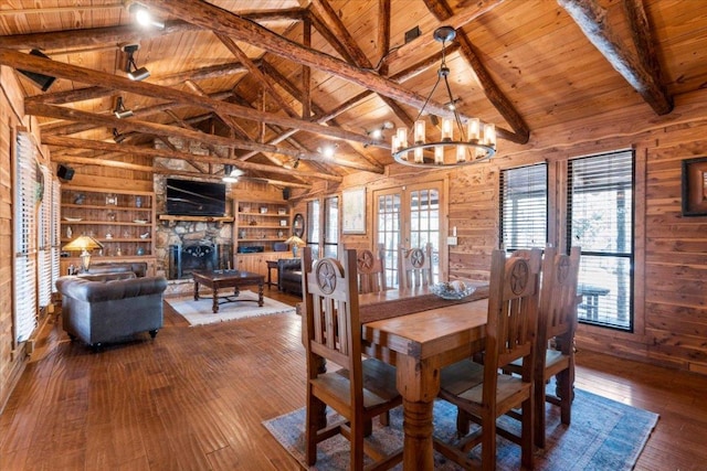 dining room with vaulted ceiling with beams, wood walls, wood-type flooring, and wood ceiling