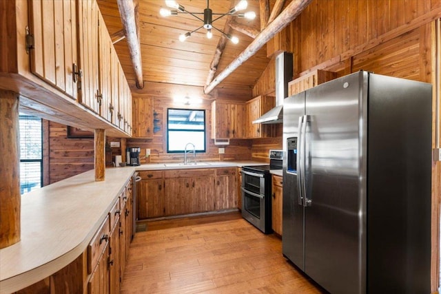 kitchen featuring wooden ceiling, appliances with stainless steel finishes, wall chimney exhaust hood, light wood finished floors, and brown cabinetry