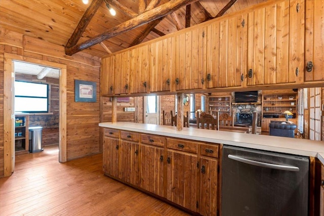 kitchen with light wood finished floors, wooden walls, dishwasher, wooden ceiling, and light countertops