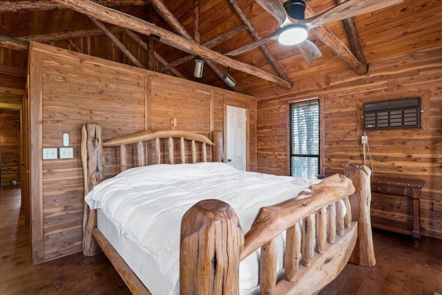 bedroom featuring wooden ceiling, wood walls, lofted ceiling with beams, and hardwood / wood-style flooring