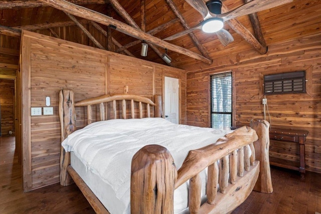 116 Yucca Ln, Bastrop, TX 78602 - bedroom with wooden ceiling, wooden walls, and wood-type flooring