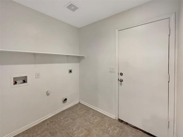 laundry room with gas dryer hookup, laundry area, washer hookup, visible vents, and electric dryer hookup