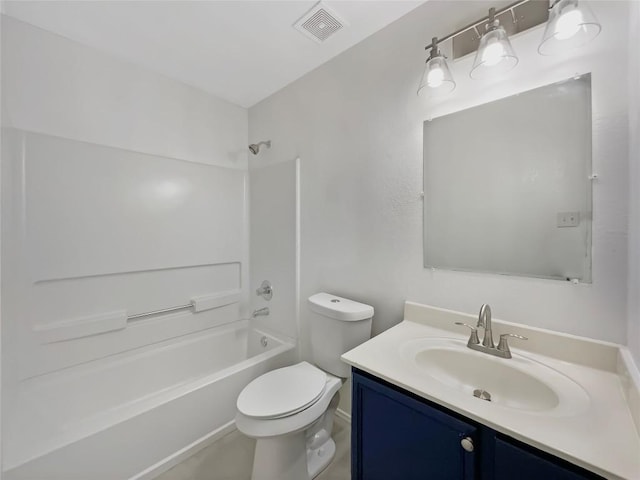 bathroom featuring toilet, shower / bath combination, vanity, and visible vents