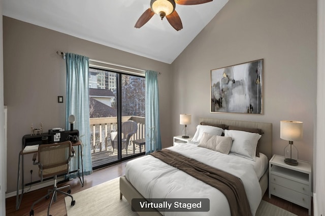 bedroom with access to exterior, vaulted ceiling, ceiling fan, and wood finished floors