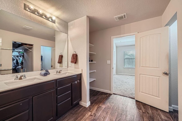 112 Quarton Dr, Hutto, TX 78634 - bathroom with double vanity, a walk in closet, wood finished floors, a textured ceiling, and baseboards