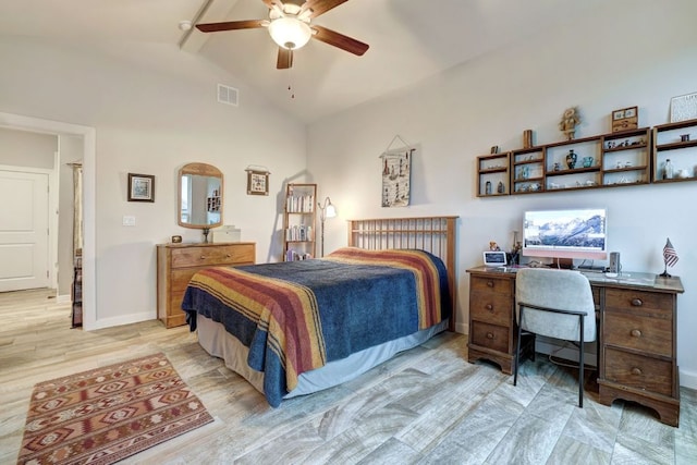 bedroom with lofted ceiling, ceiling fan, visible vents, baseboards, and light wood-type flooring