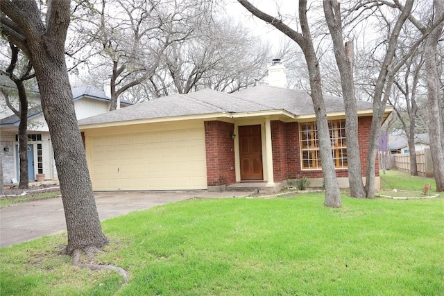 ranch-style house with brick siding, a chimney, a front yard, fence, and a garage