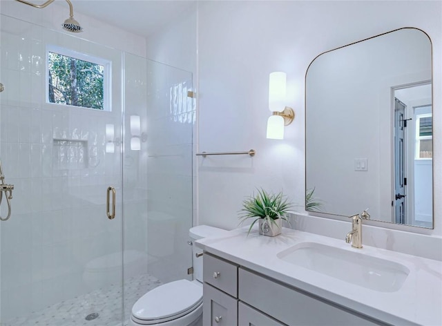 full bathroom featuring a shower stall, toilet, and vanity