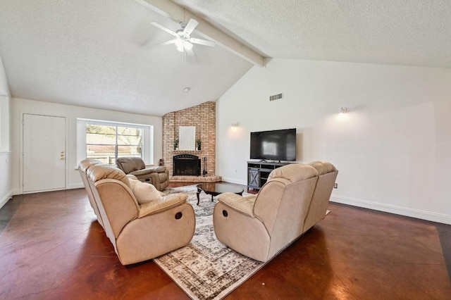 living room featuring baseboards, visible vents, lofted ceiling with beams, a textured ceiling, and a fireplace